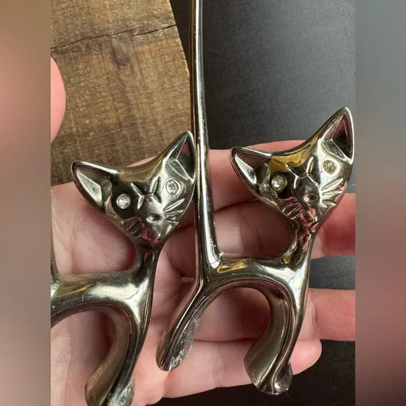 SET OF 2 Chrome Long Tailed Cat Ring Holder Mcm Vintage - Picture 12 of 14